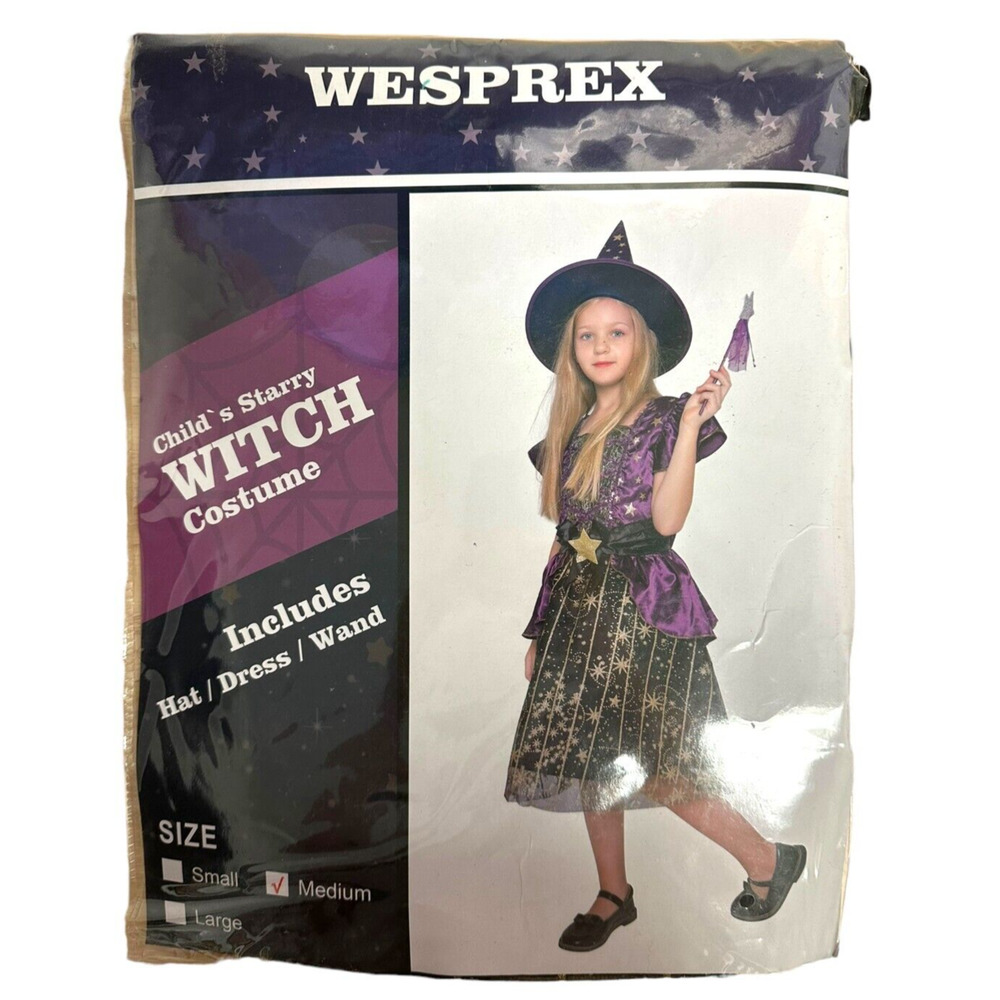 Starry Witch Costume Set for Girls with Hat & Magic Wand Size M 8Y-10Y